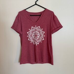 Womens L Pink Red Mandala Print Tee Shirt: Boho Hippie Festival Casual Summer